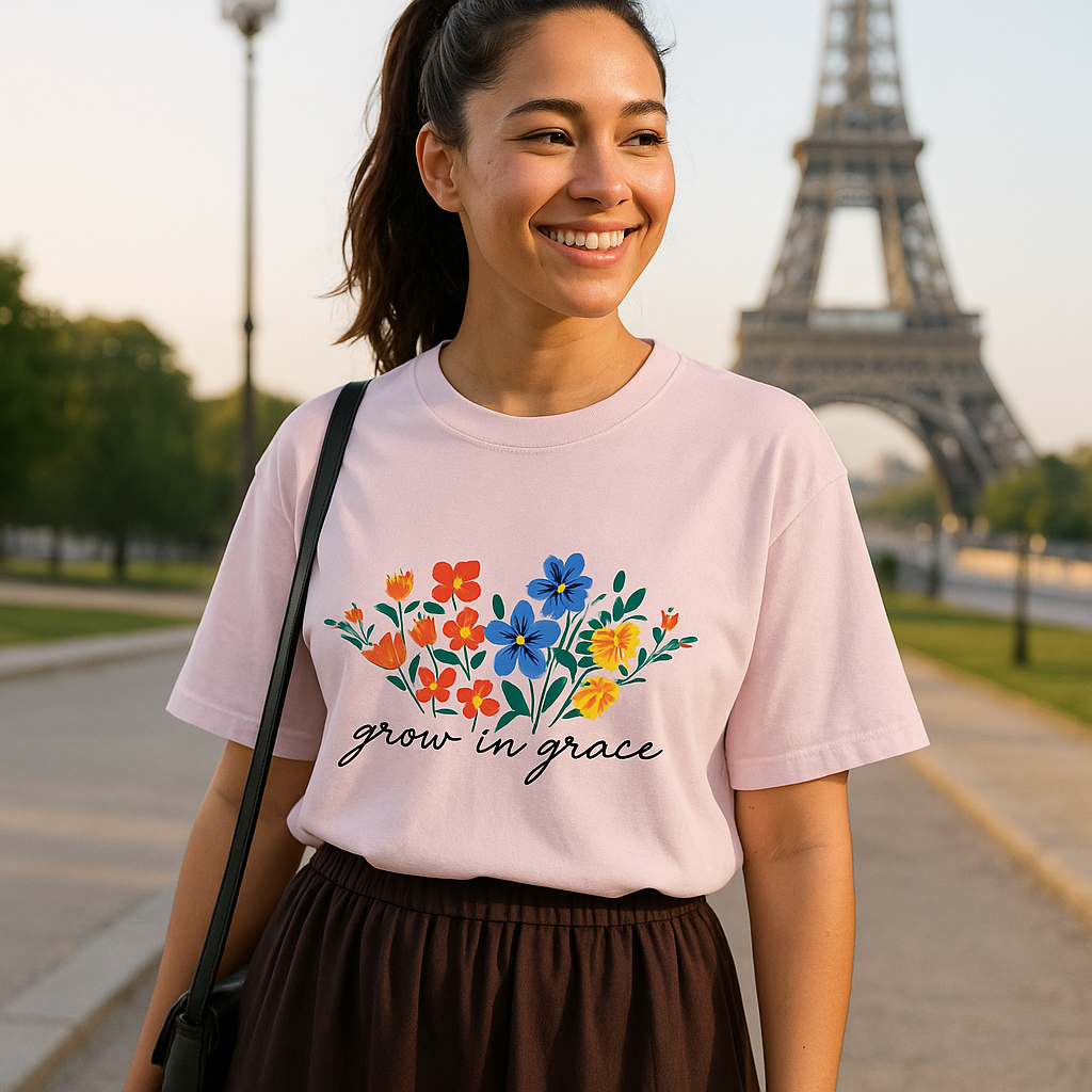 Grow in Grace – Floral Graphic Oversized T-Shirt for Women