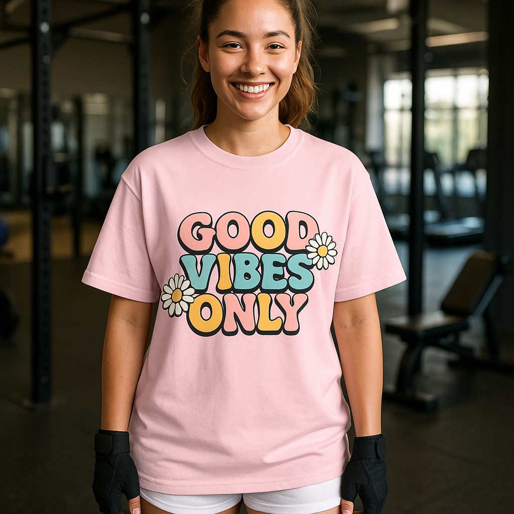 Good Vibes Only – Oversized Motivational Graphic T-Shirt for Women