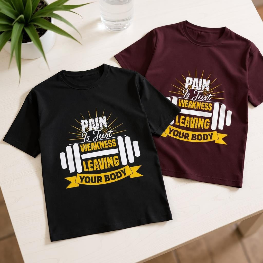 Men’s Motivational Gym T-Shirt – “Pain is Just Weakness Leaving Your Body”