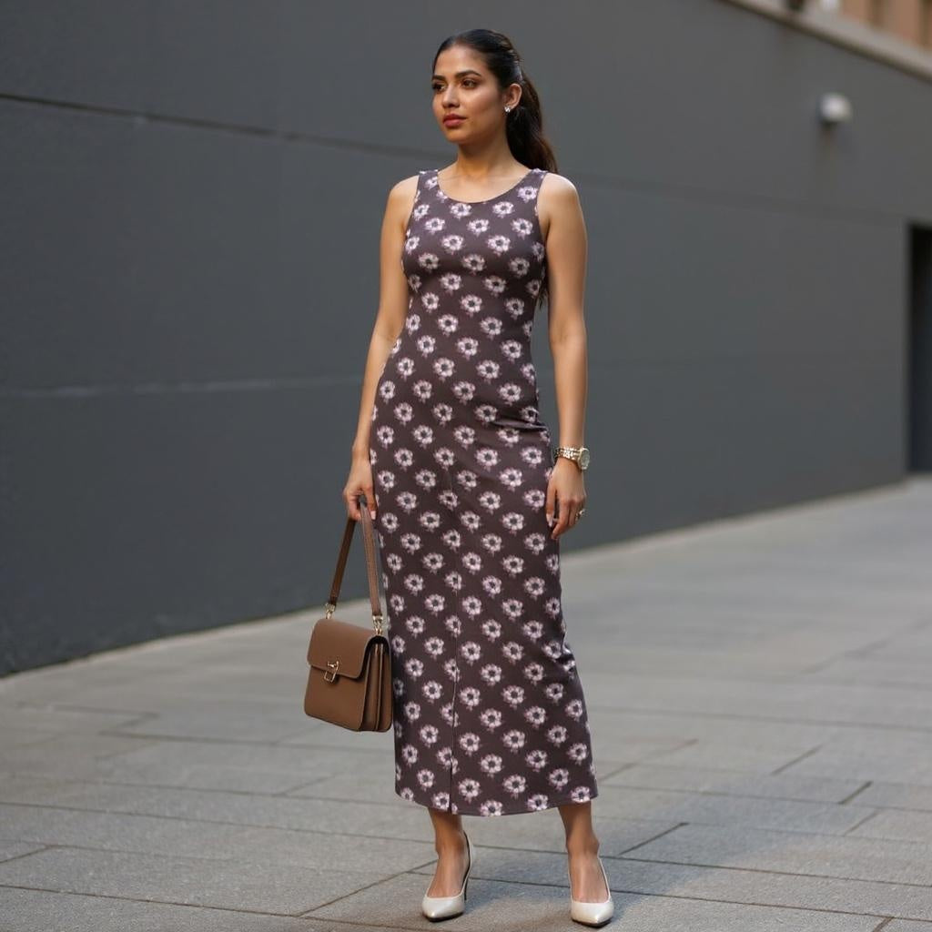 Woman wearing a floral dress with a brown handbag on a city street.