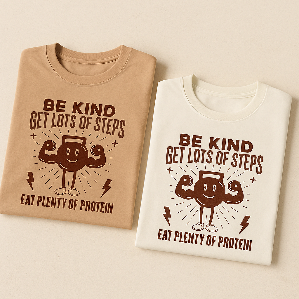 Men’s “Be Kind, Get Steps, Eat Protein” Fitness Graphic Tee