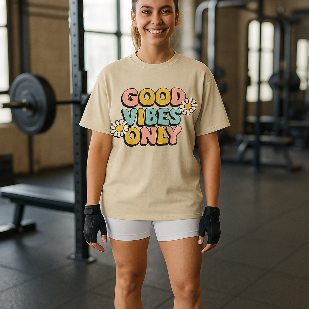 Good Vibes Only – Oversized Motivational Graphic T-Shirt for Women