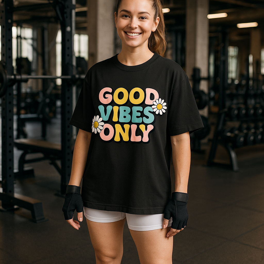 Good Vibes Only – Oversized Motivational Graphic T-Shirt for Women