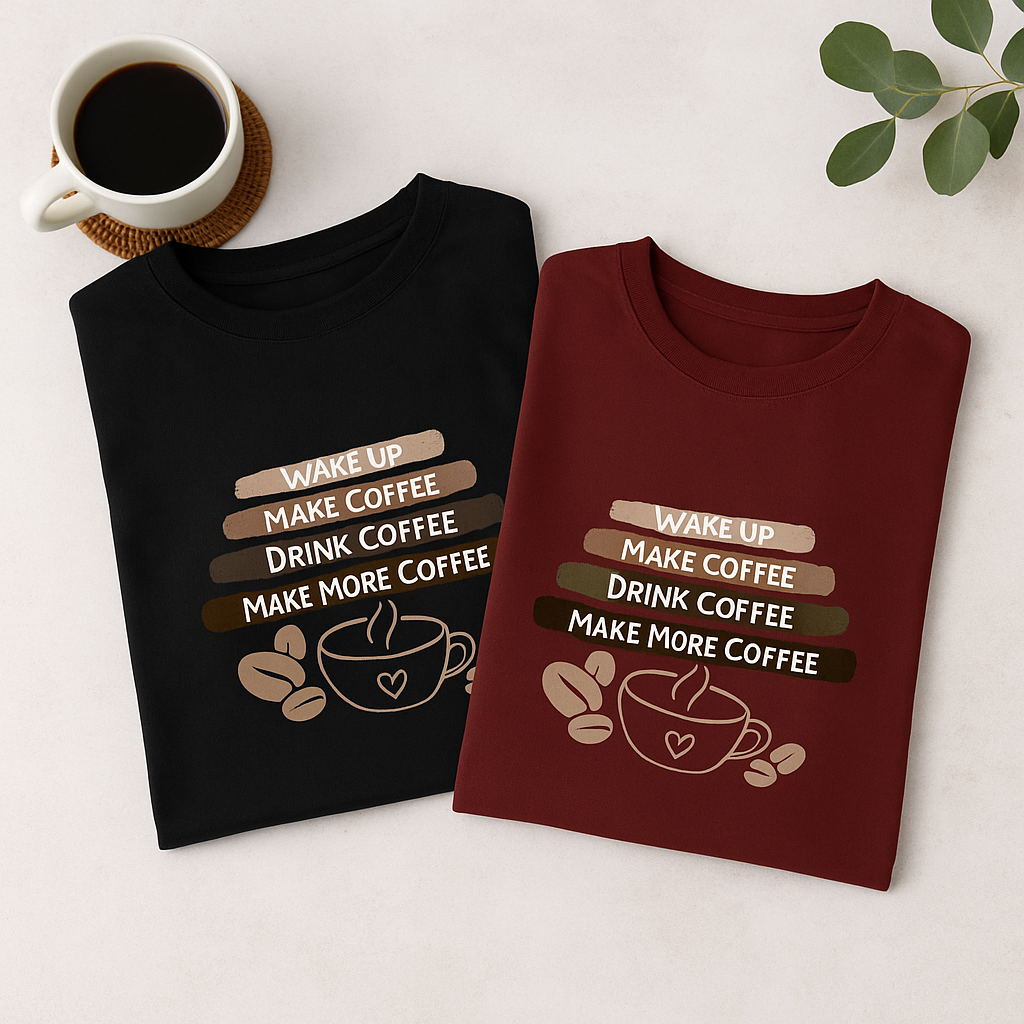 Wake Up Make Coffee Repeat T-Shirt – Unisex Coffee Lover Shirt for Baristas & Caffeine Addicts
