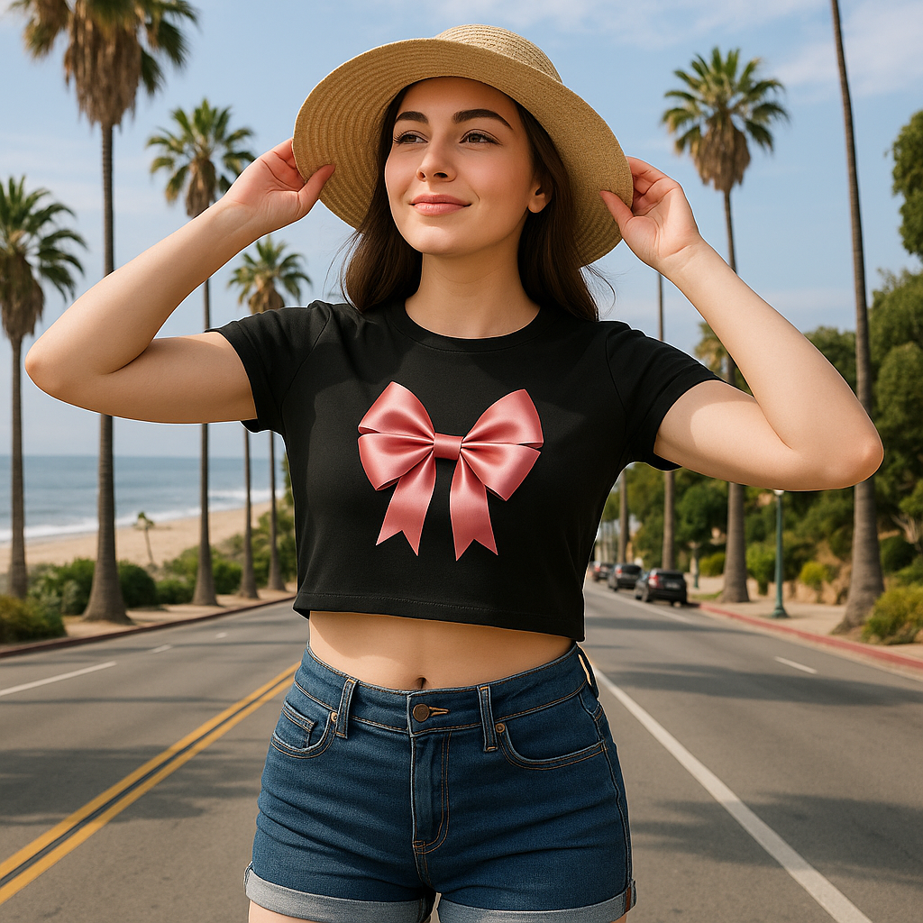 Trendy Bow Graphic Cotton Crop Top – Half Sleeves