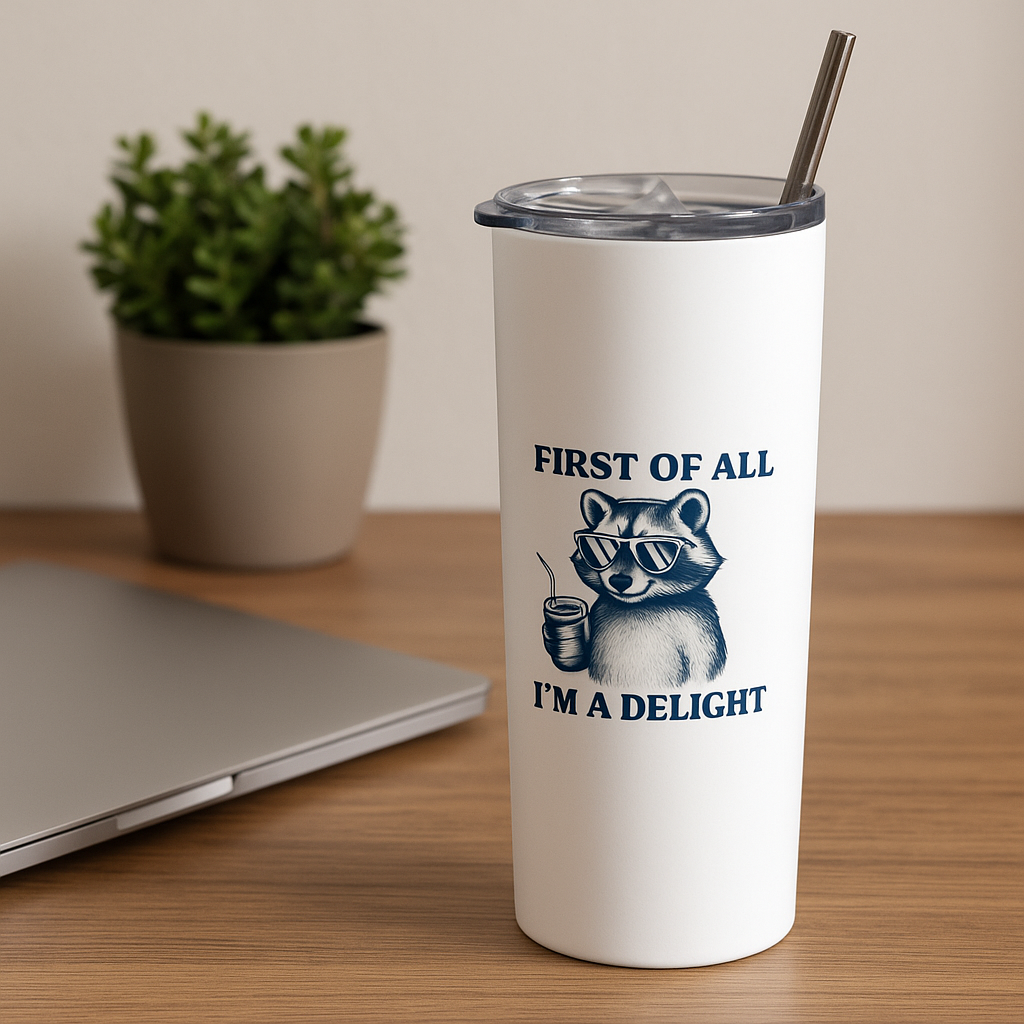 First of All, I’m a Delight” Funny Raccoon Tumbler – 20oz Stainless Steel