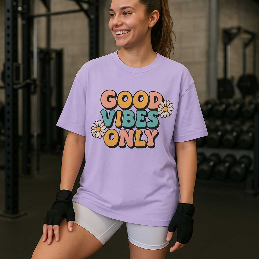 Good Vibes Only – Oversized Motivational Graphic T-Shirt for Women