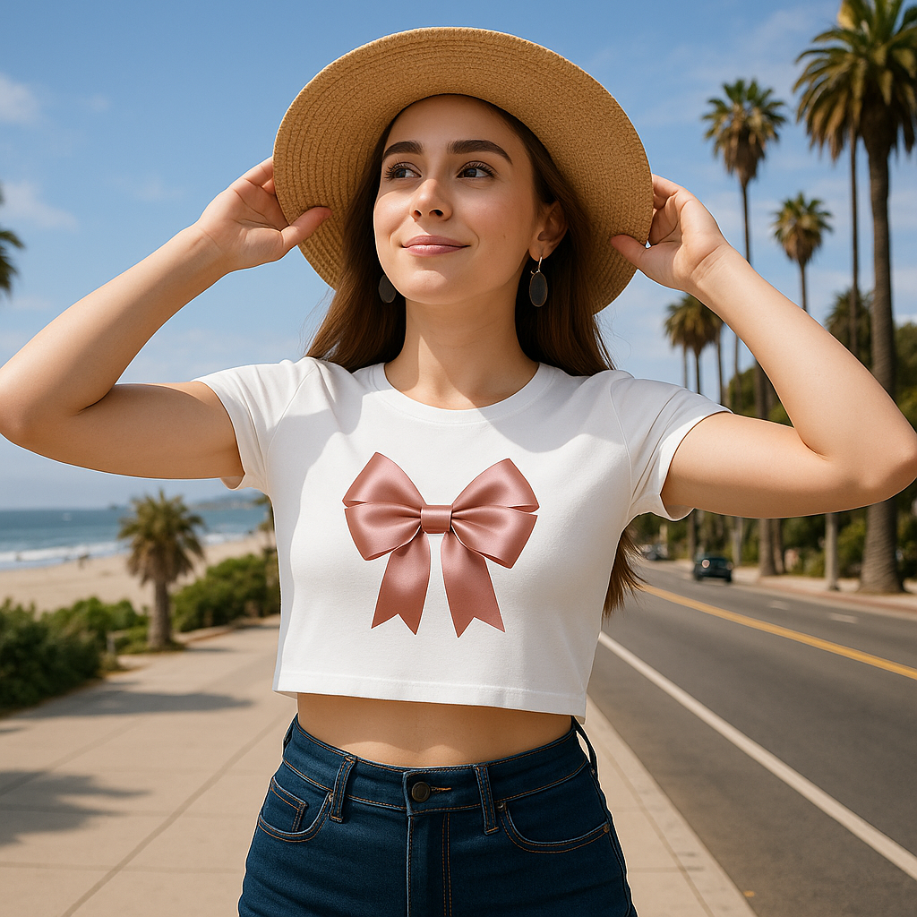 Trendy Bow Graphic Cotton Crop Top – Half Sleeves