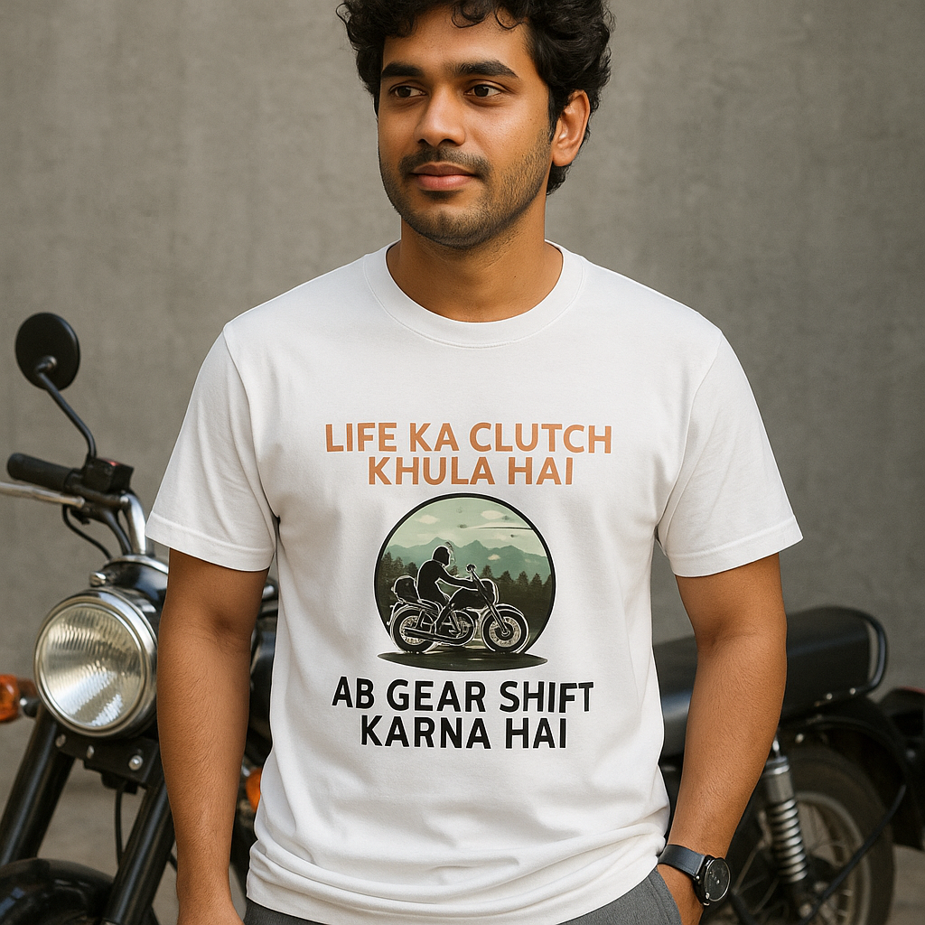 Life Ka Clutch Khula Hai – Hindi Biker Quote T-Shirt for Men