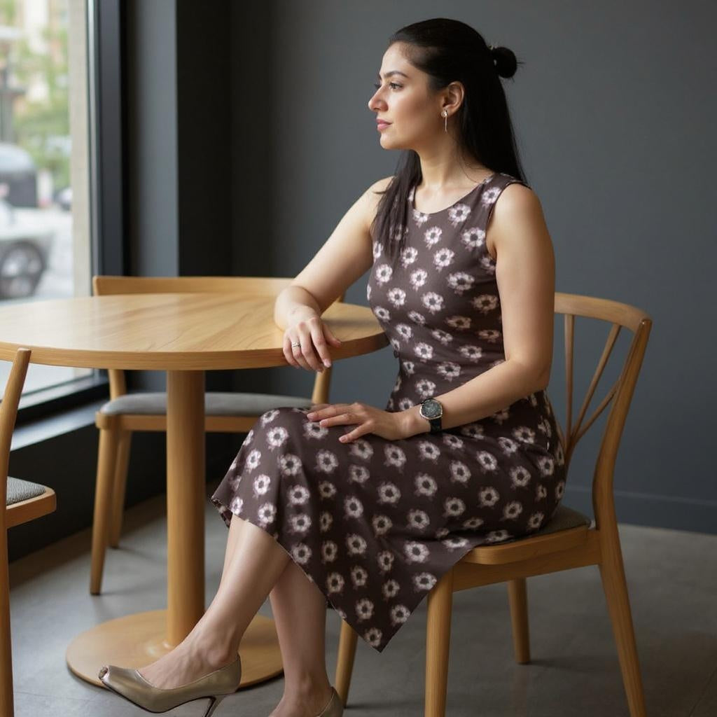 Woman sitting at a table in a cafe wearing a floral dress.