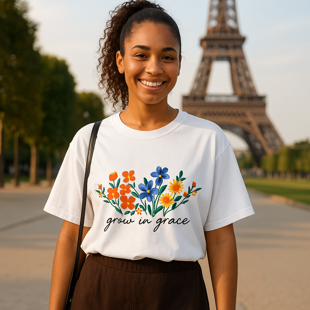 Grow in Grace – Floral Graphic Oversized T-Shirt for Women