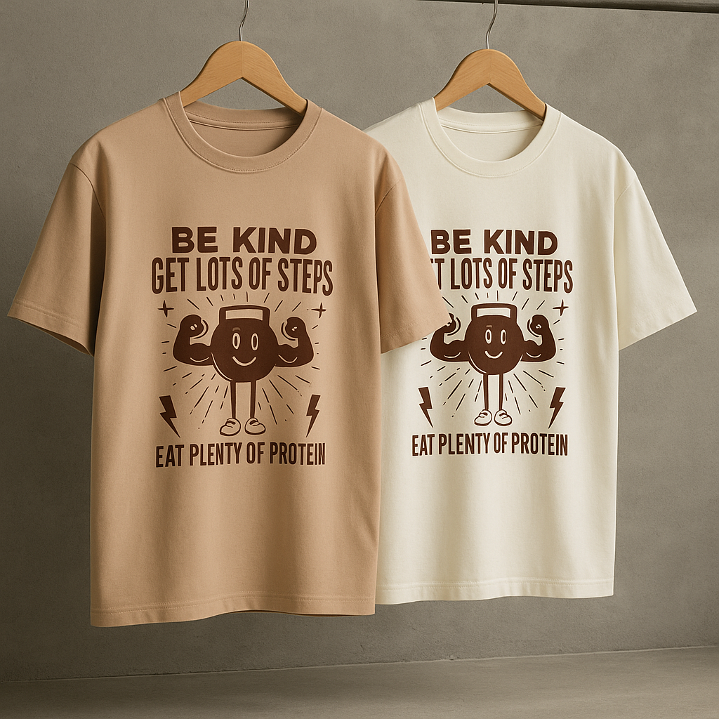 Men’s “Be Kind, Get Steps, Eat Protein” Fitness Graphic Tee