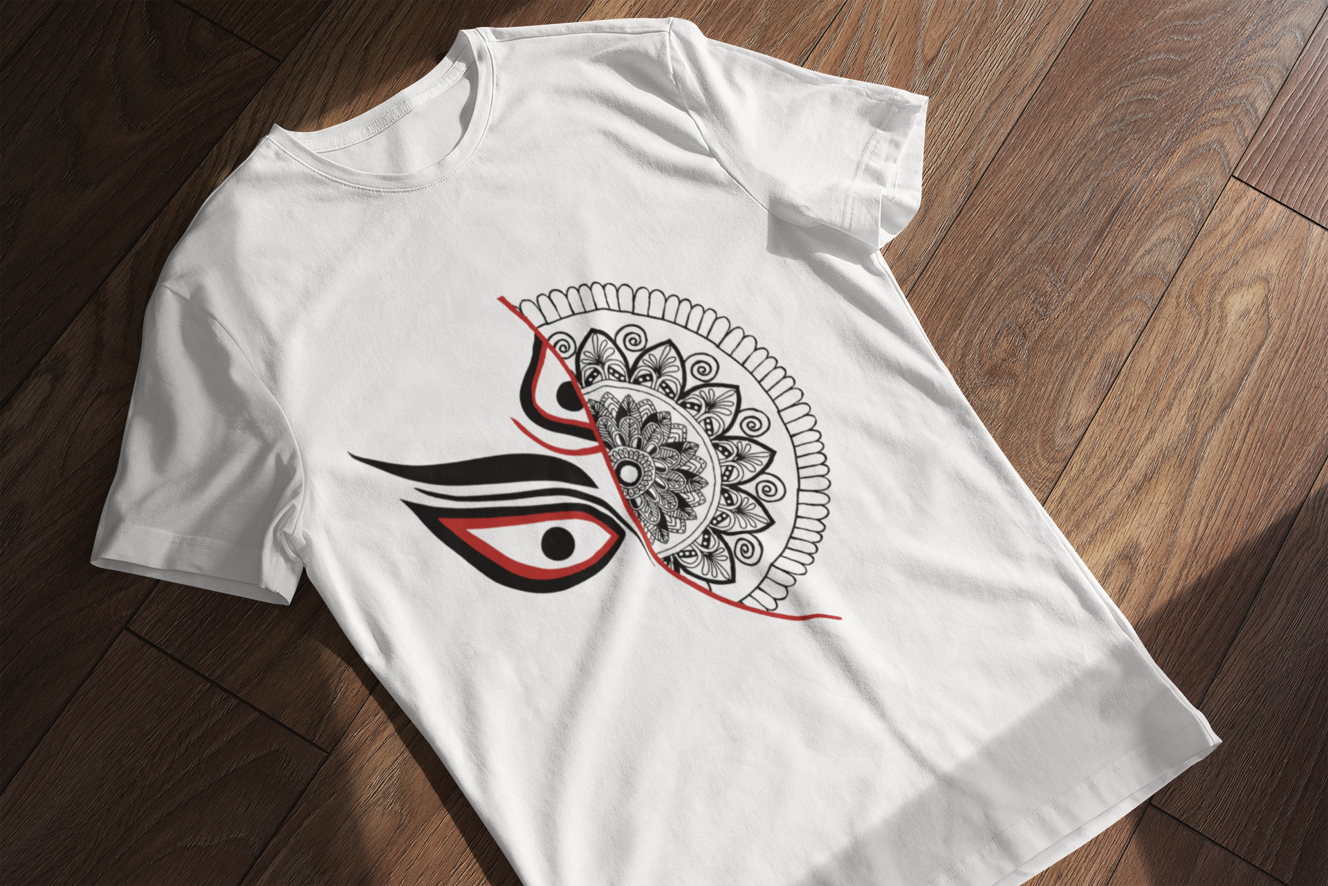 Half Face Maa Durga Art – Festive White T-Shirt