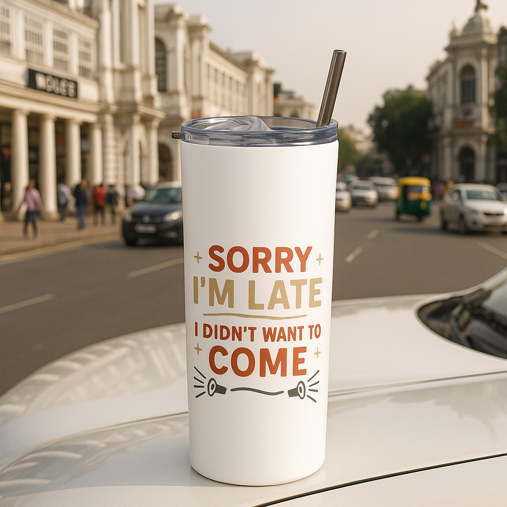 White tumbler with humorous text on a car hood in an urban setting