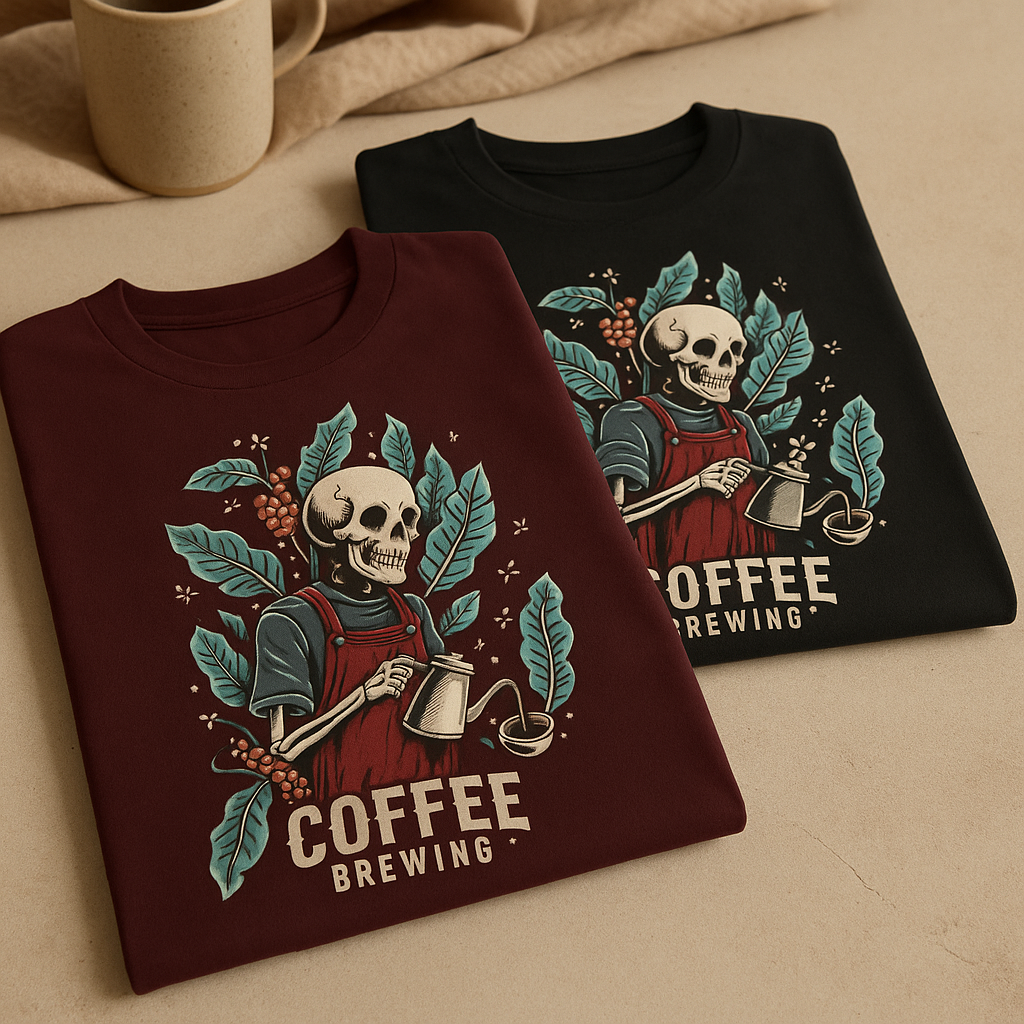 Coffee Brewing Skeleton T-Shirt – Unisex Barista Graphic Tee for Coffee Lovers
