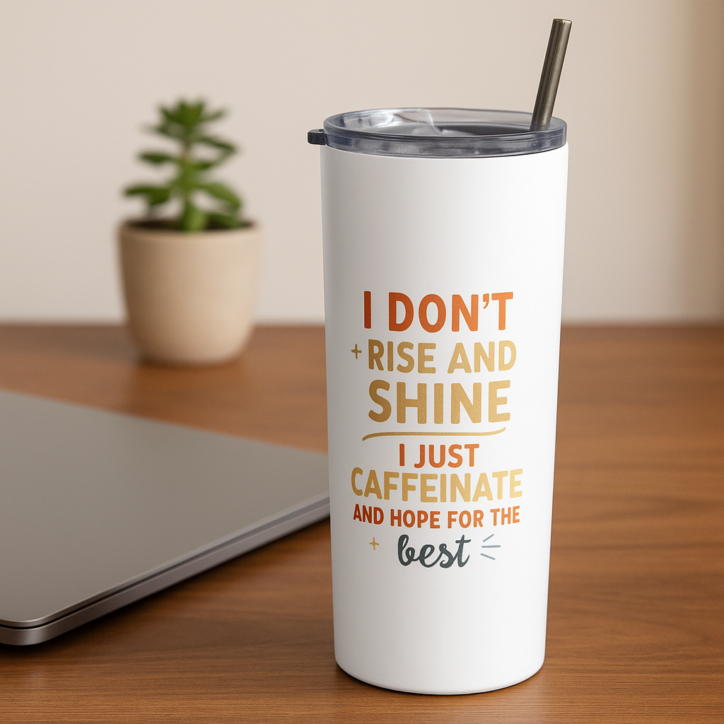 I Don’t Rise & Shine, I Caffeinate" Funny Stainless Steel Tumbler – 20oz