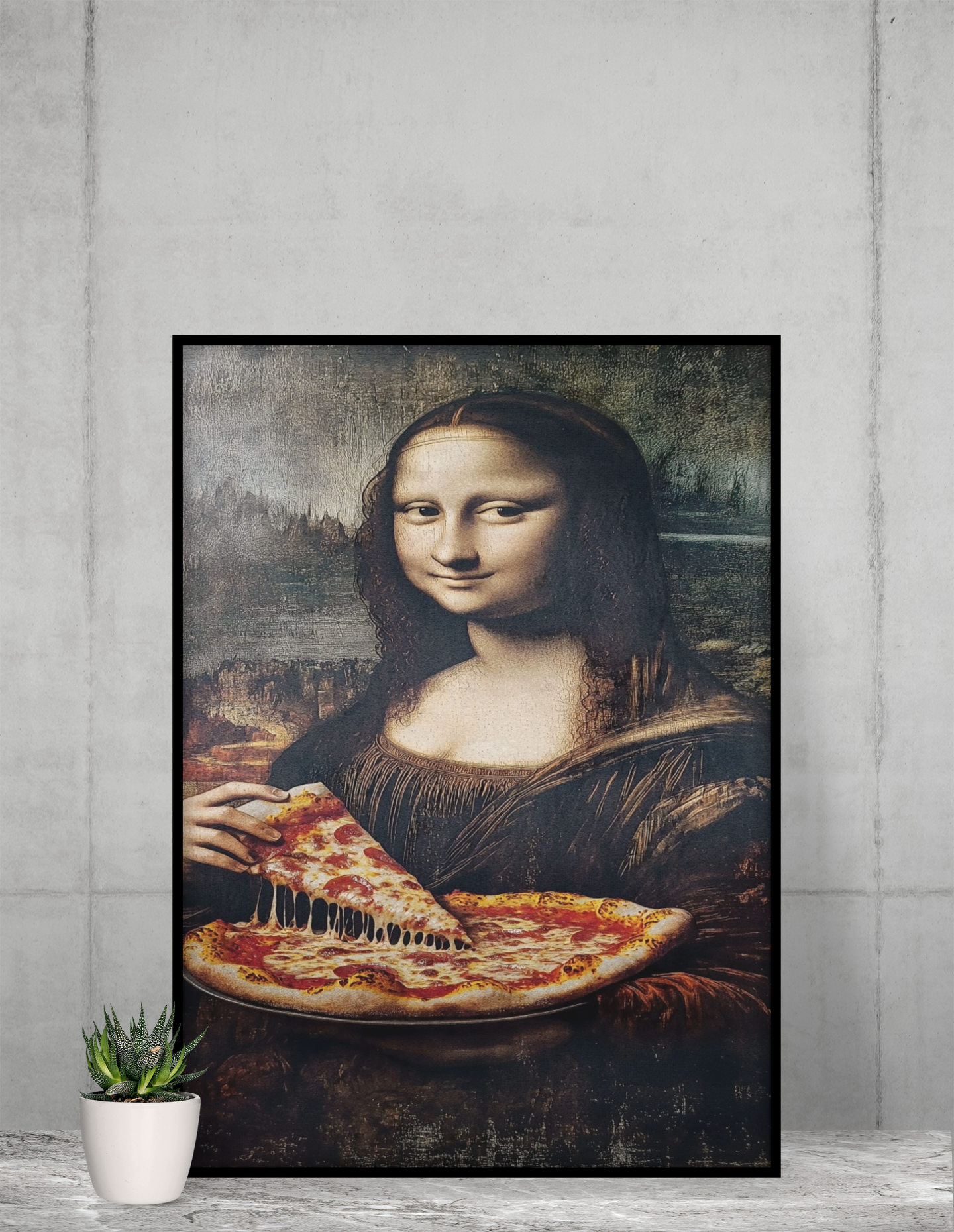 Mona Lisa Pizza Pop Art Acrylic Wall Art A3 Black Frame