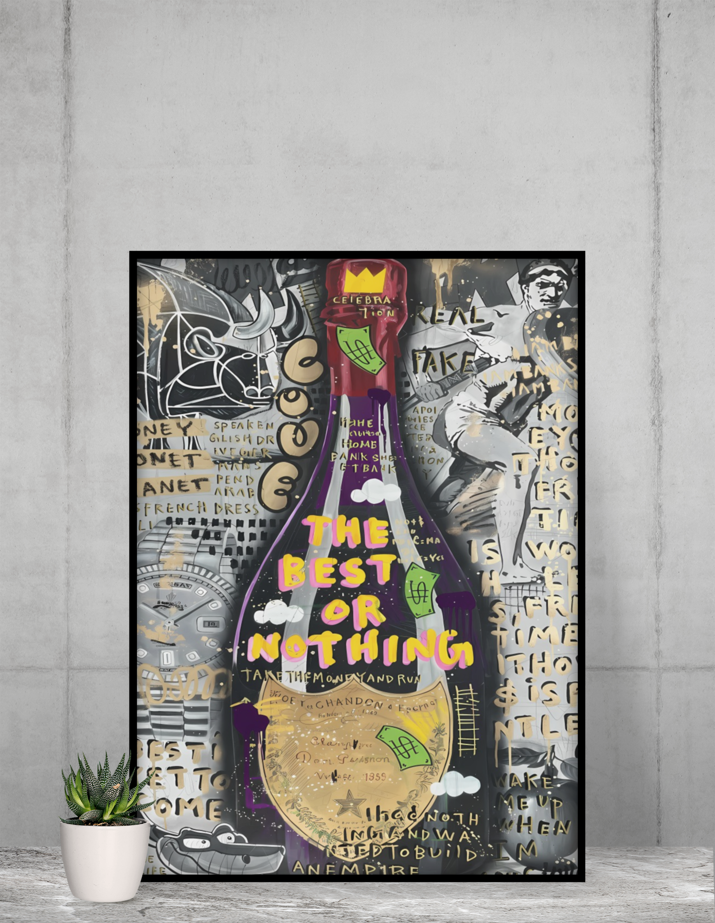 Money Graffiti Pop Art Acrylic Wall Art A3 Black Frame