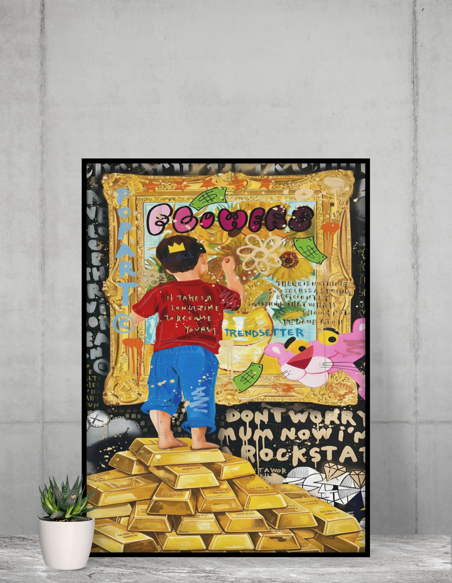 Gold Wealth Street Pop Art Acrylic Wall Art A3 Black Frame