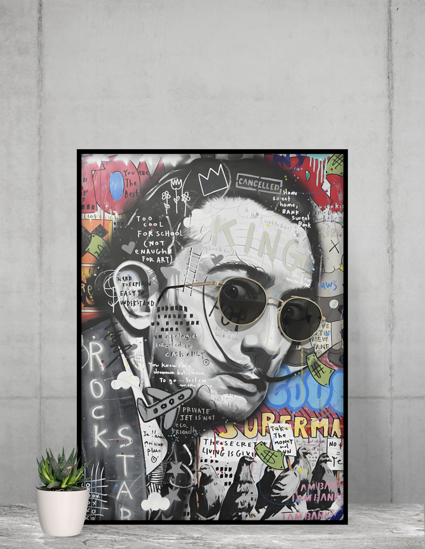 Surreal Portrait Pop Art Acrylic Wall Art A3 Black Frame