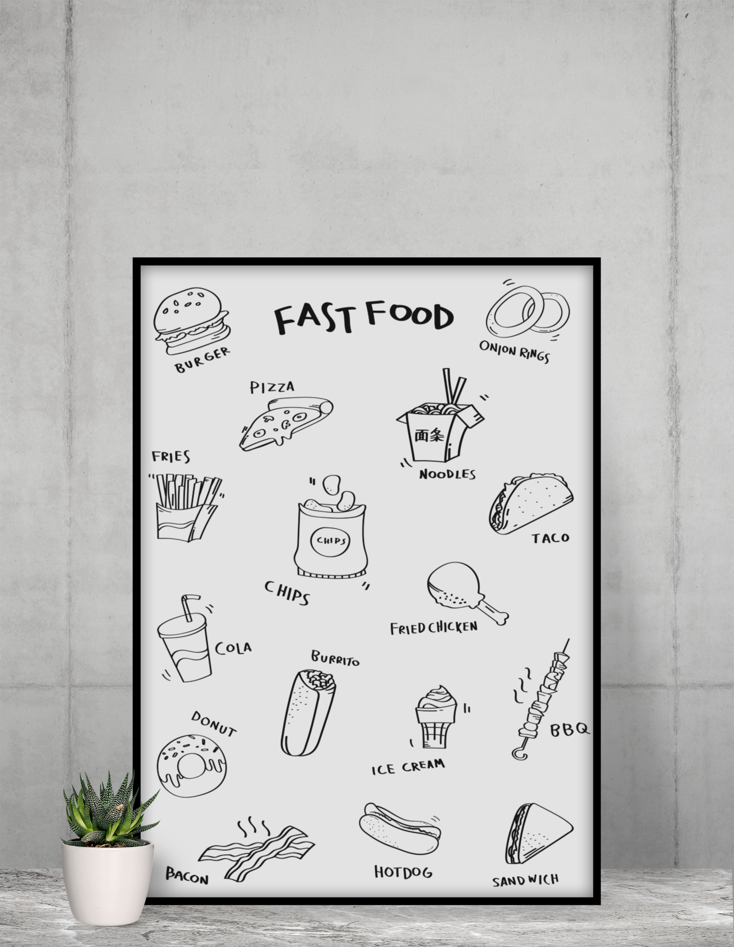 Fast Food Menu Poster Acrylic Wall Art A3 Black Frame