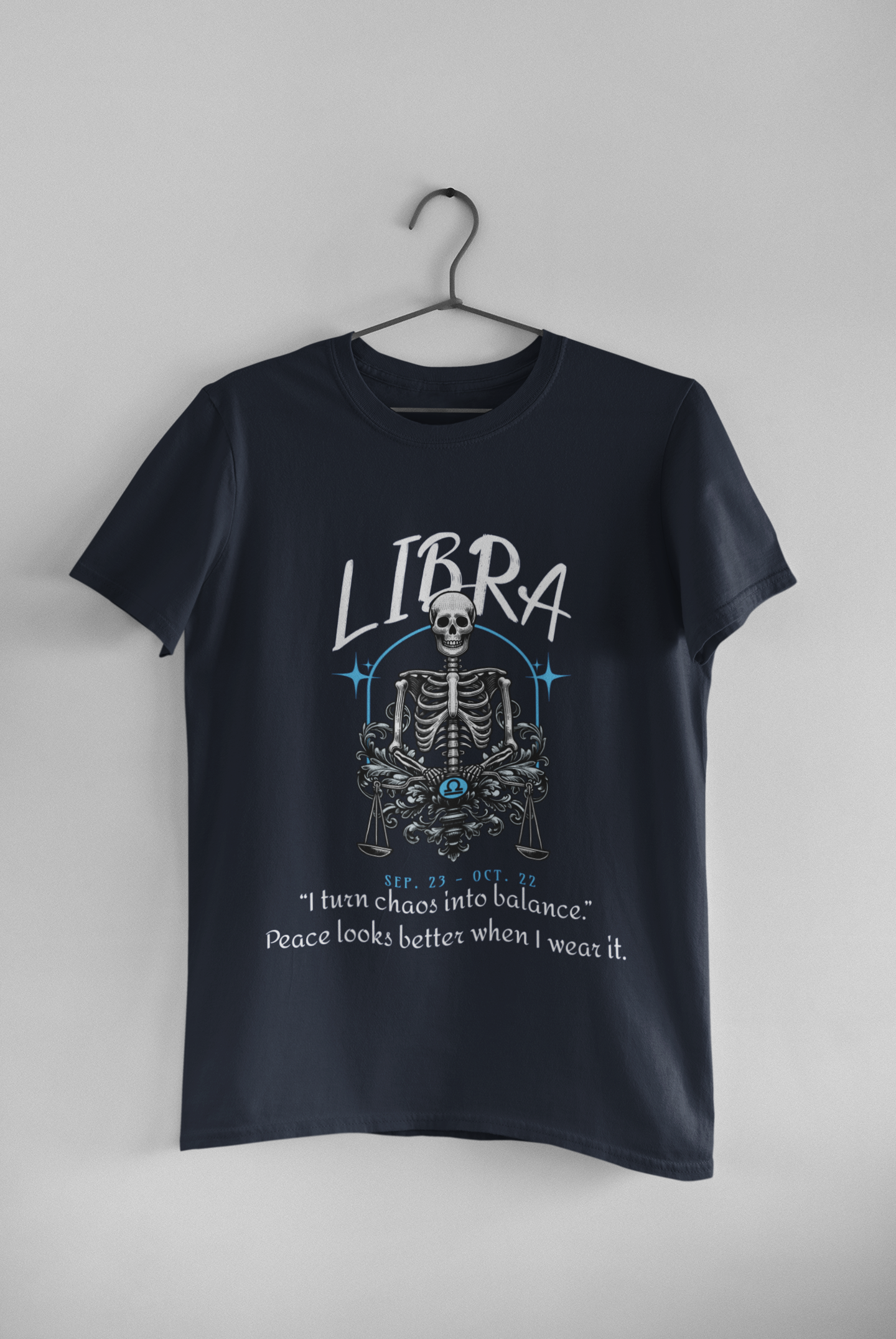 Libra Zodiac T-Shirt – Balance Seeker Astrology Tee with Skeleton Graphic