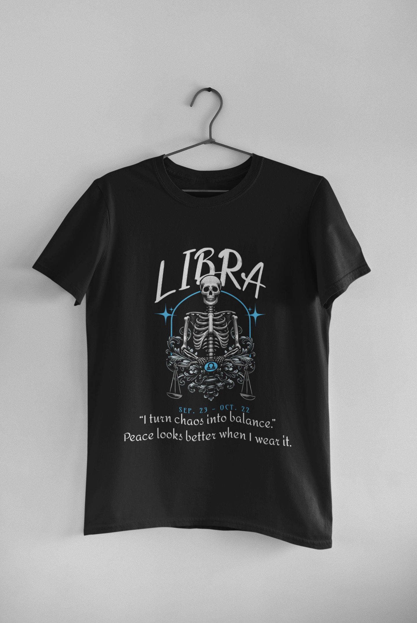 Libra Zodiac T-Shirt – Balance Seeker Astrology Tee with Skeleton Graphic