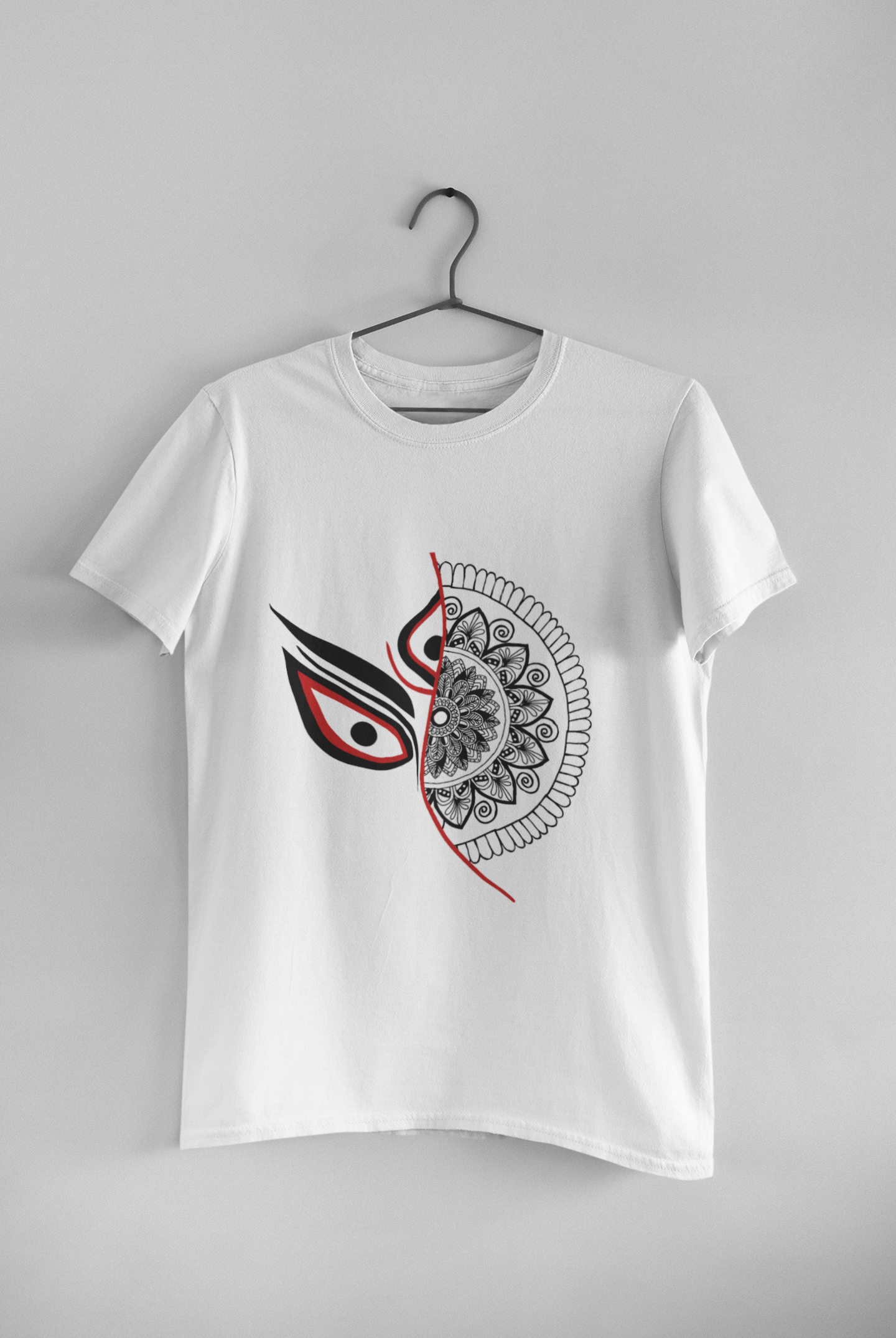 Half Face Maa Durga Art – Festive White T-Shirt