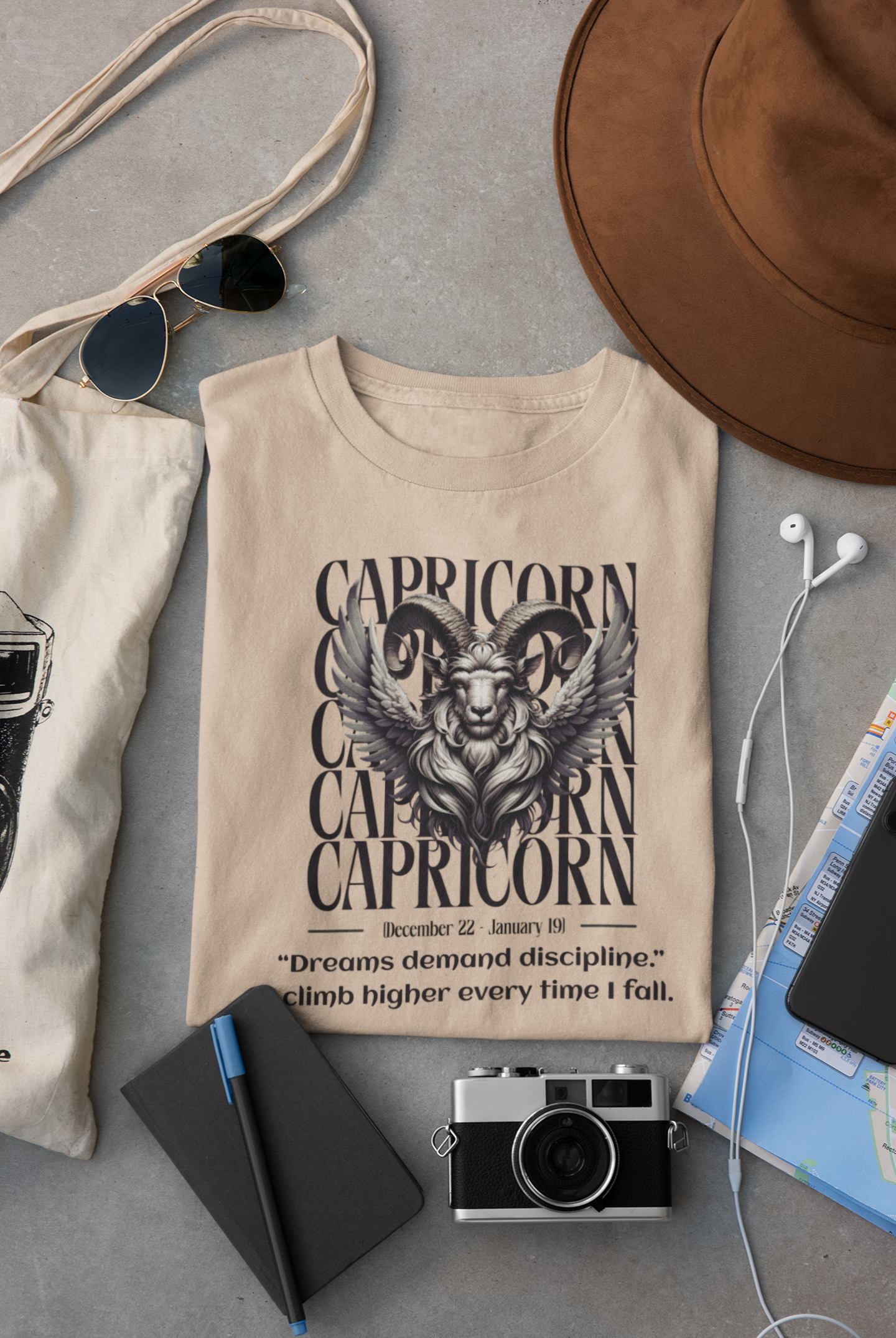 Capricorn Zodiac T-Shirt – Ambitious Goat Graphic Tee with Discipline & Strength Quote