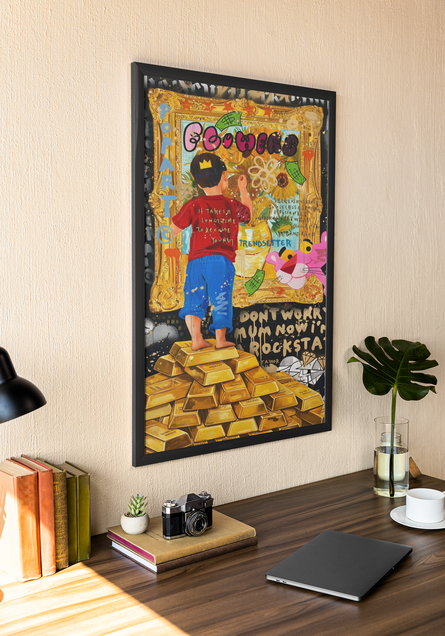 Gold Wealth Street Pop Art Acrylic Wall Art A3 Black Frame