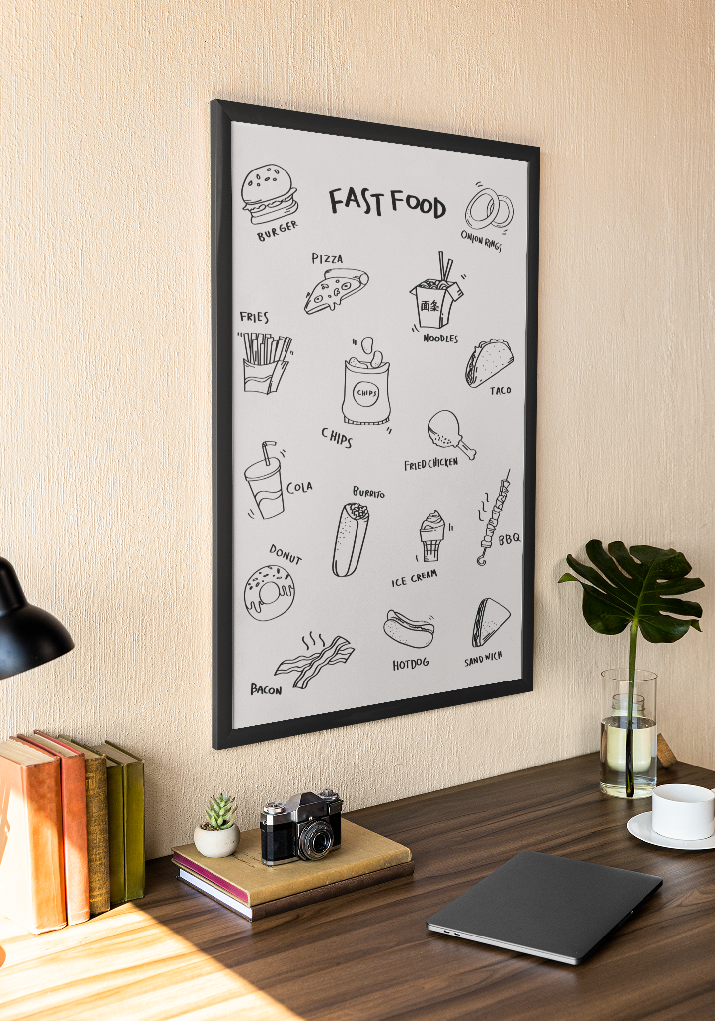 Fast Food Menu Poster Acrylic Wall Art A3 Black Frame