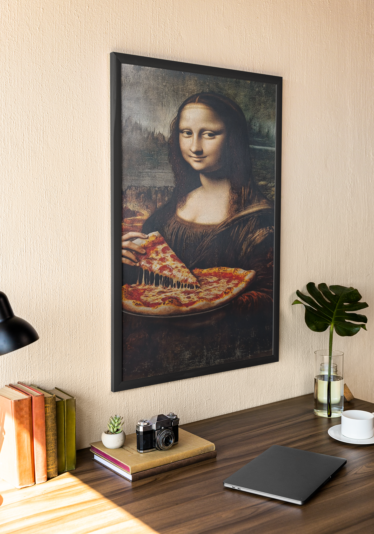 Mona Lisa Pizza Pop Art Acrylic Wall Art A3 Black Frame