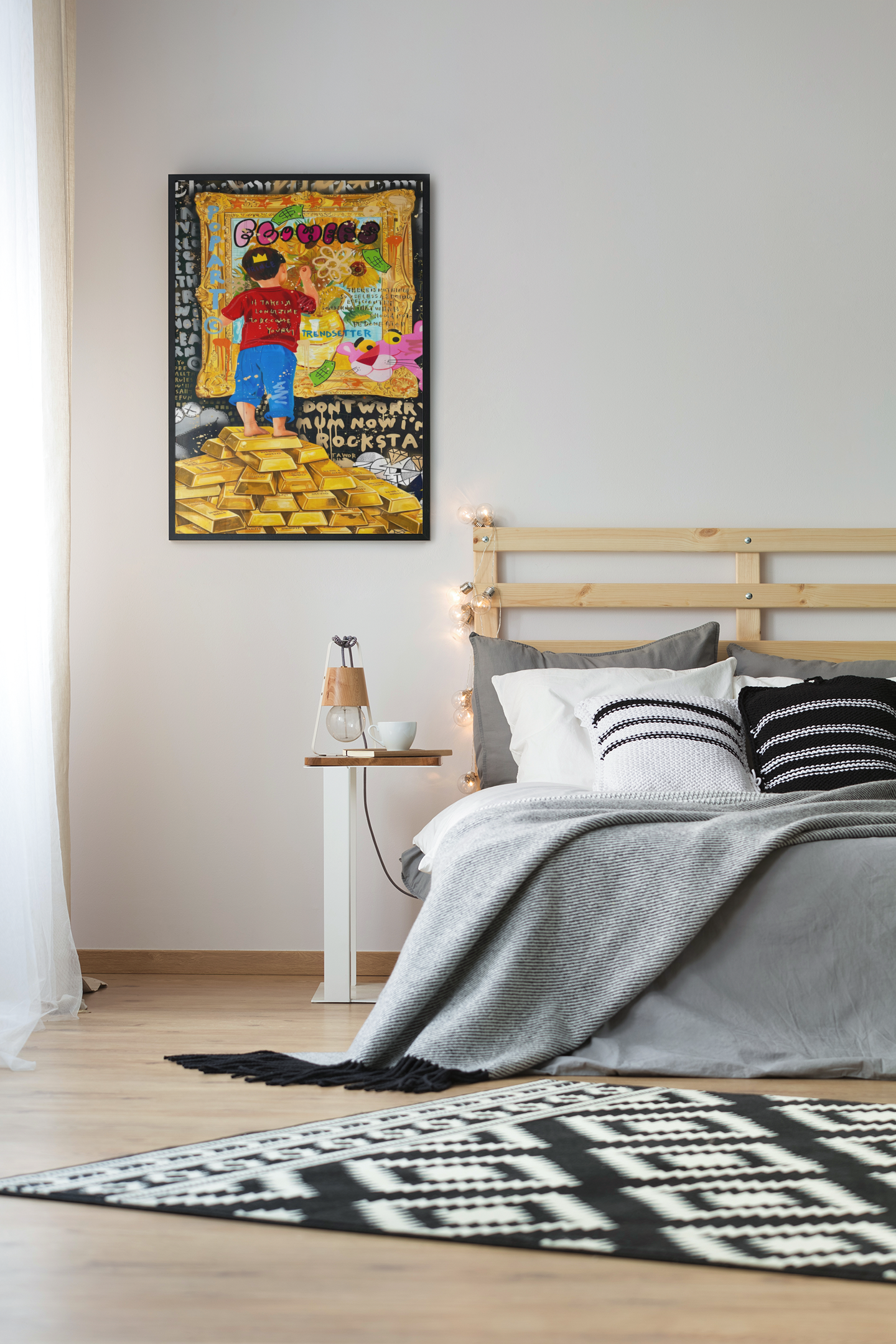 Gold Wealth Street Pop Art Acrylic Wall Art A3 Black Frame
