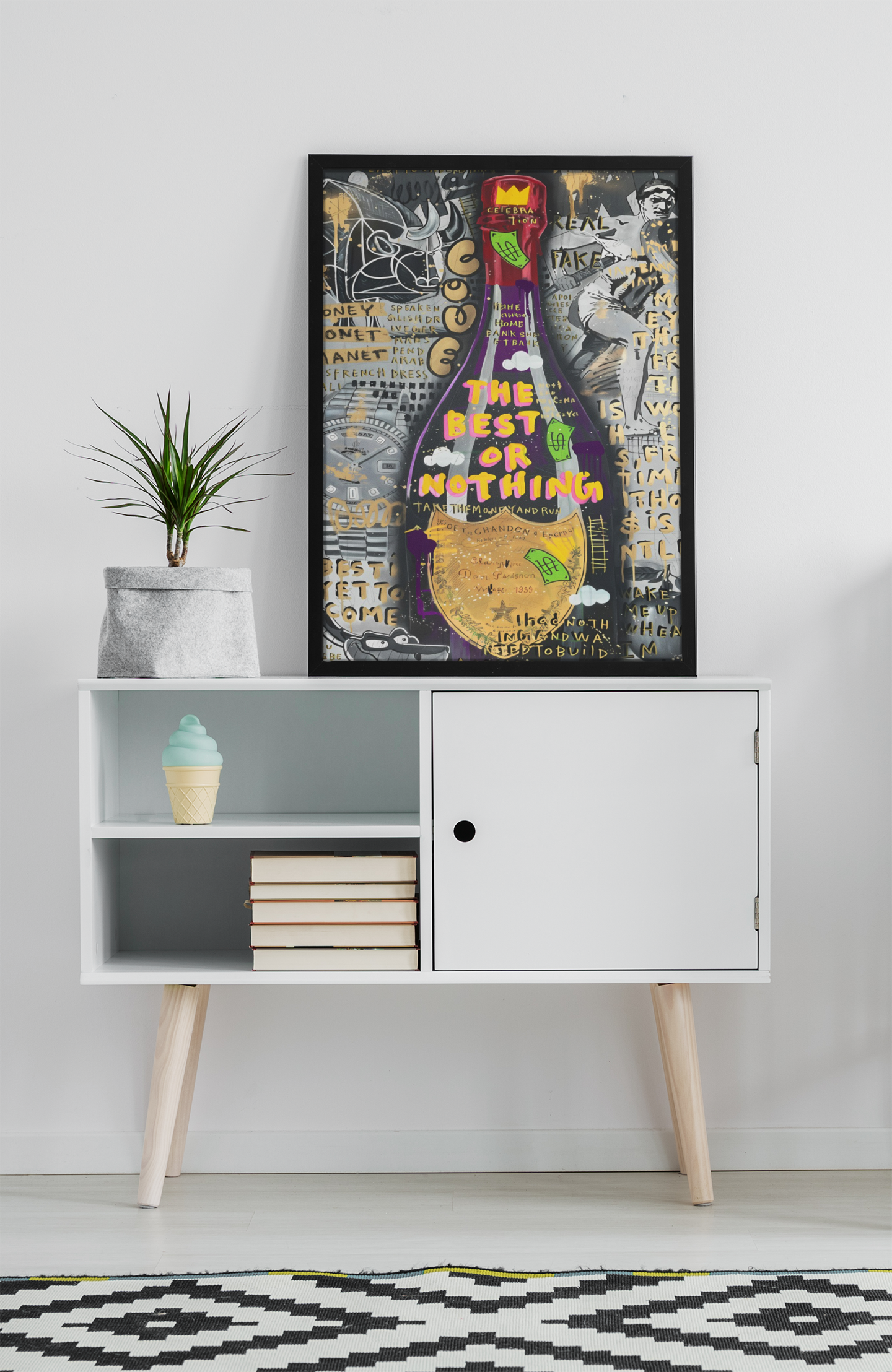 Money Graffiti Pop Art Acrylic Wall Art A3 Black Frame