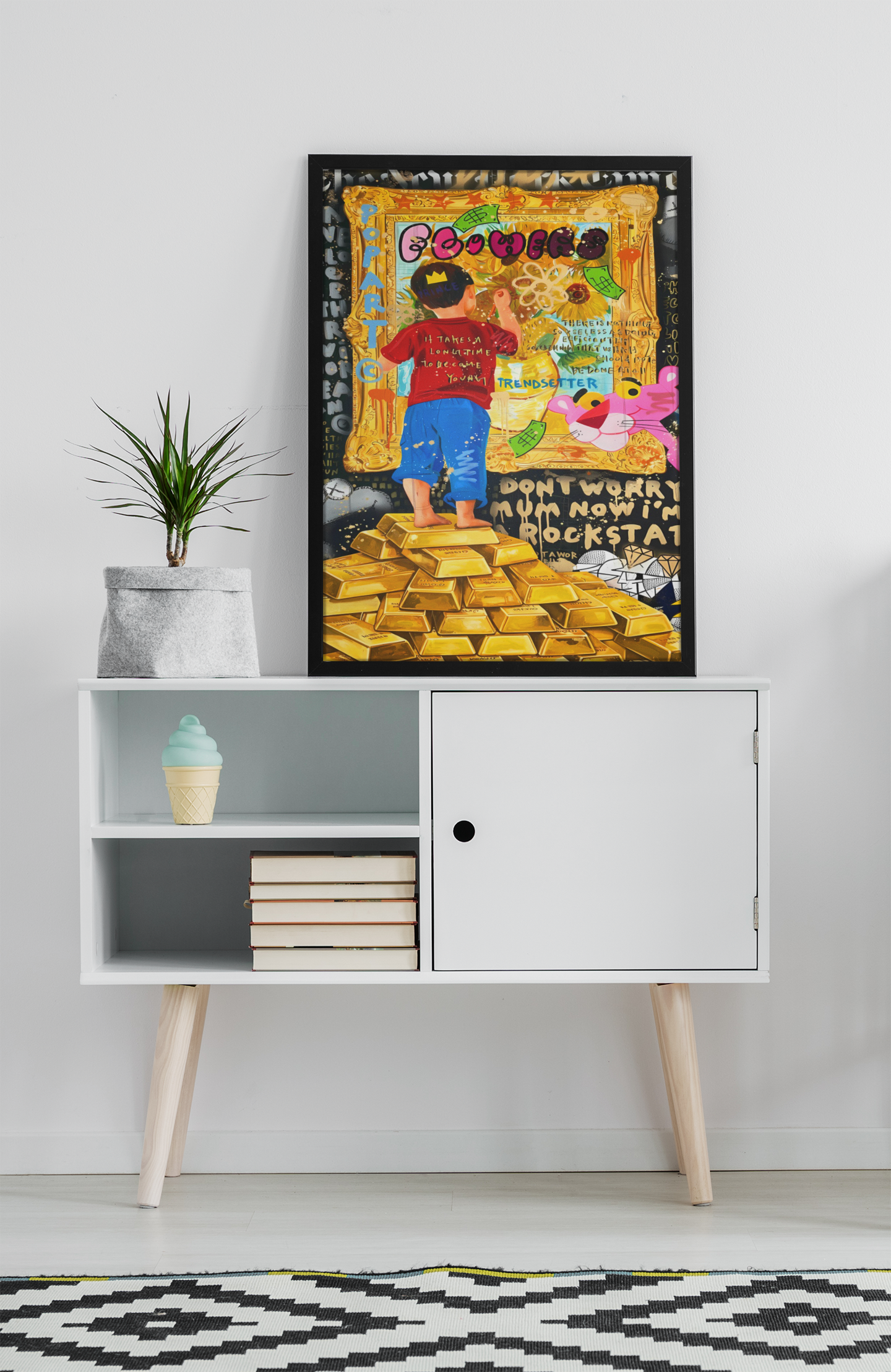 Gold Wealth Street Pop Art Acrylic Wall Art A3 Black Frame